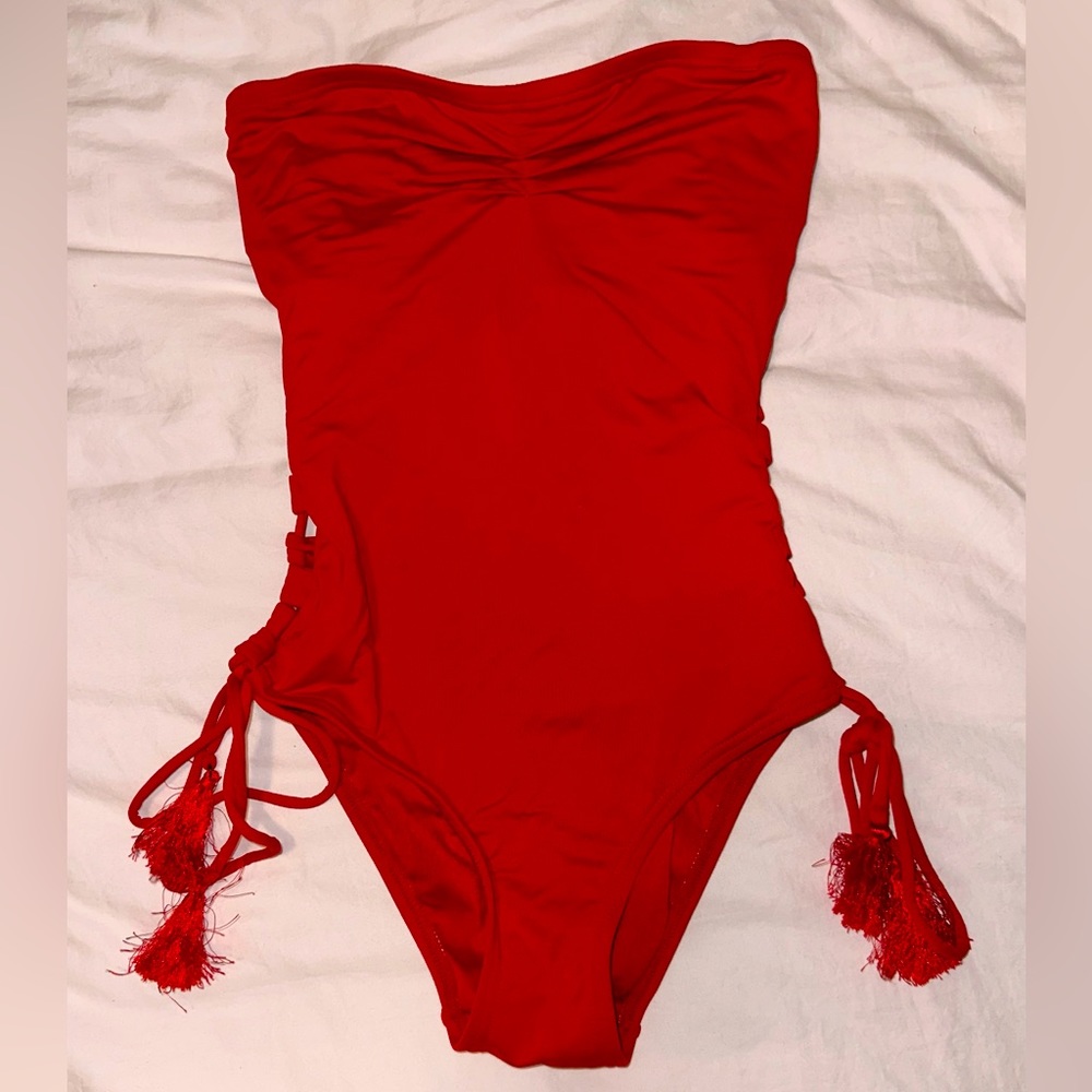 Red strapless one piece bathing suit